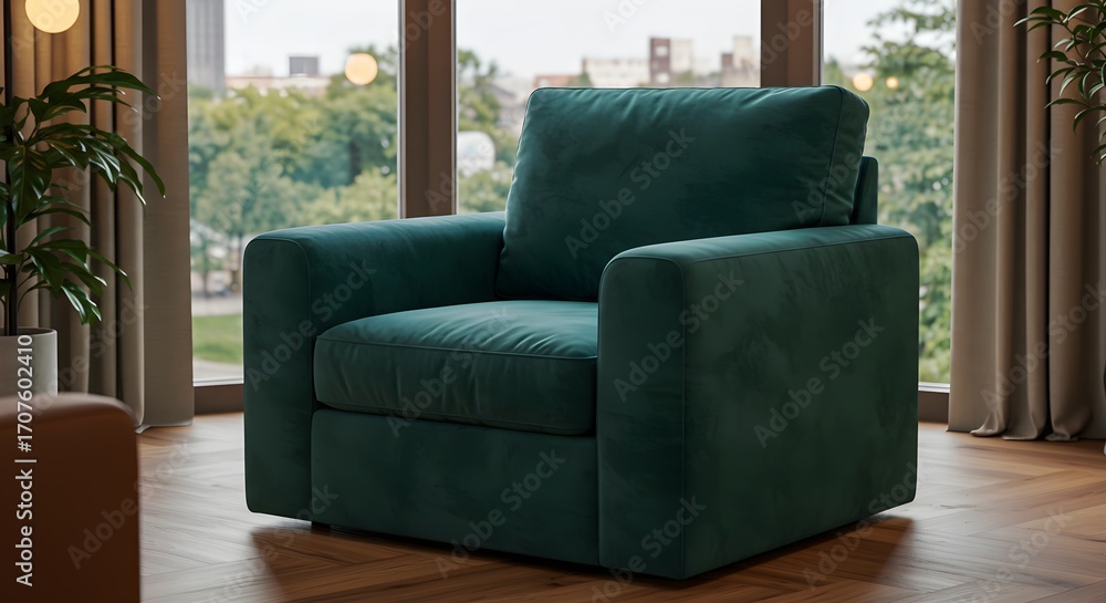 Fototapeta premium Teal velvet armchair in modern living room