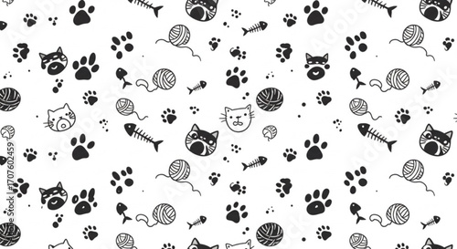 Adorable playful cat cartoon pattern with paw prints and yarn balls for kids' designs