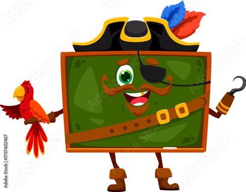 Cartoon blackboard school supply pirate and corsair character. Isolated vector chalkboard Captain stationery crew personage with tricorn hat, hook and parrot ready to navigate the high sea of learning