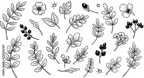 Elegant hand-drawn botanical elements and berries for versatile design projects