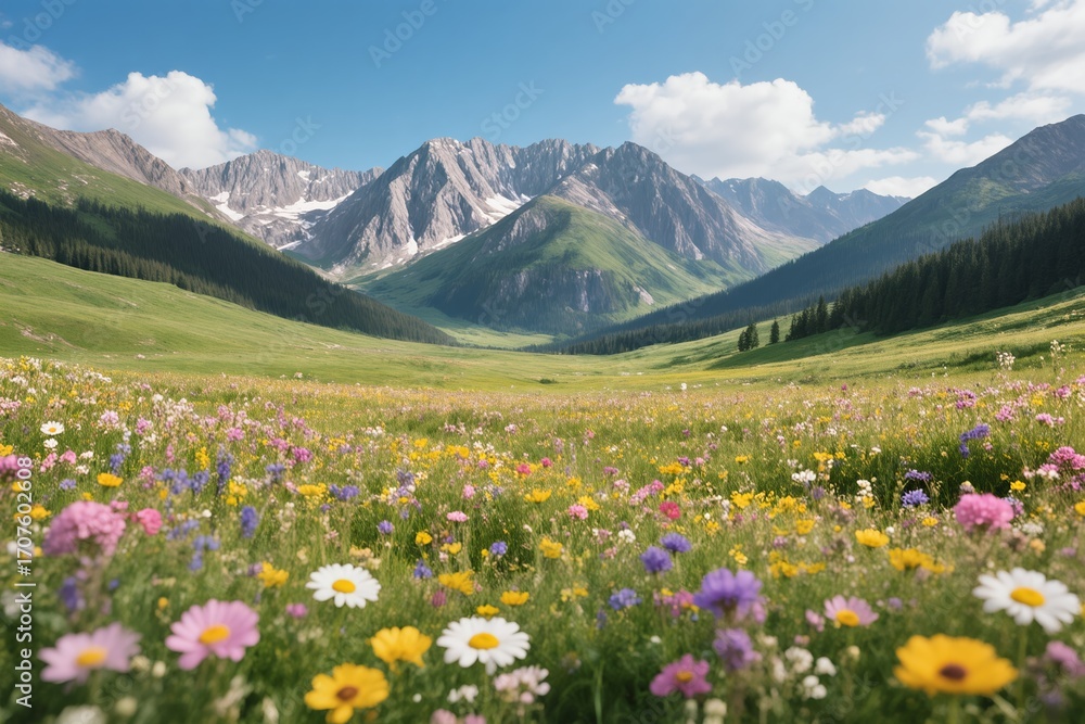 Obraz premium A stunning view of colorful wildflowers blooming in a serene meadow with a magnificent mountain backdrop