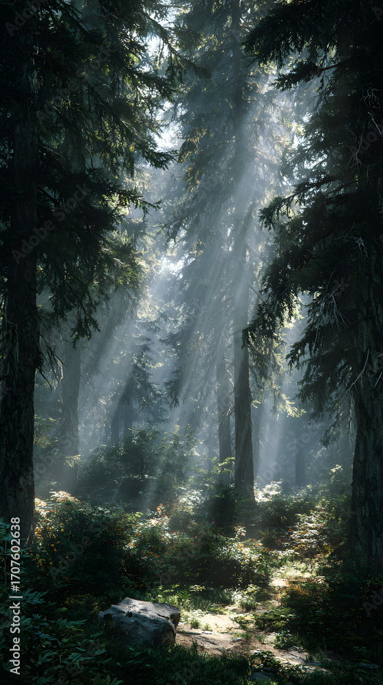 Obraz premium Mystischer Wald mit Sonnenstrahlen und Nebel im Morgenlicht 