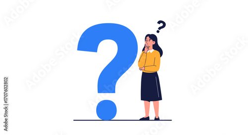 A thoughtful person stands next to a giant blue question mark pondering a difficult decision.