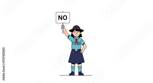 A young scout holds up a sign saying no as a symbol of protest or disagreement.