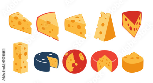 A variety of delicious cheeses displayed in different shapes and forms.