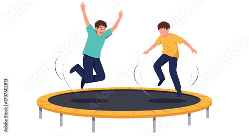 Two young boys enjoy an exhilarating jumping session on a round trampoline during a sunny day.