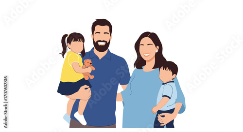 A happy family of four posing for a photograph together on a white background.