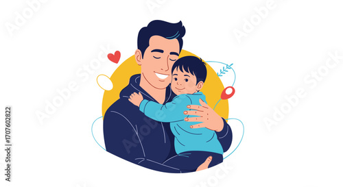 A loving father embraces his young son with a gentle smile and closed eyes.