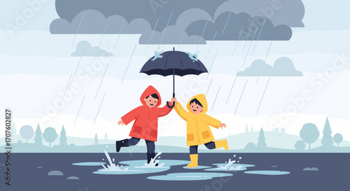 Two children in raincoats splashing in puddles under an umbrella during a rainy day