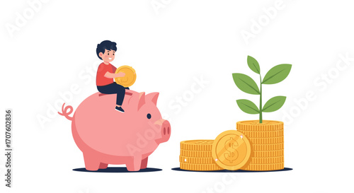 A young boy deposits a coin into a piggy bank next to a stack of coins with a growing plant.