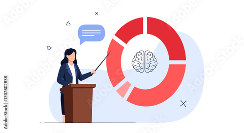 The speaker presents insights using a pie chart and brain imagery to illustrate data analysis concepts.
