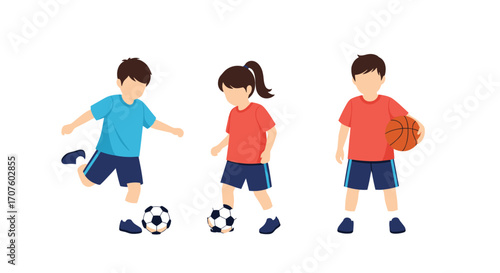 Children playing sports like soccer and basketball in casual attire.