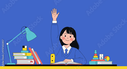 A happy student raising her hand with books and a lamp on a desk.