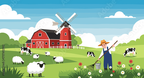 A farmer tending to a vibrant garden on a sunny day at the farm.