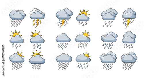 Collection of pixel art weather icons depicting various atmospheric conditions including rain and sunshine.