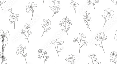 Delicate hand drawn botanical floral pattern with delicate flowers and leaves.