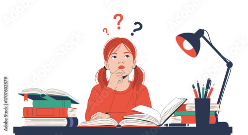 A young student is sitting at a desk surrounded by books and supplies with question marks above her head expressing confusion and deep thought while studying.