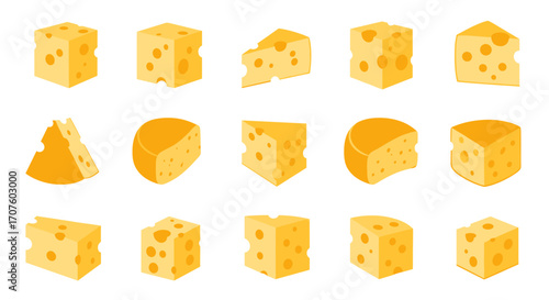 Collection of various cheese pieces and wedges with holes on a white background.