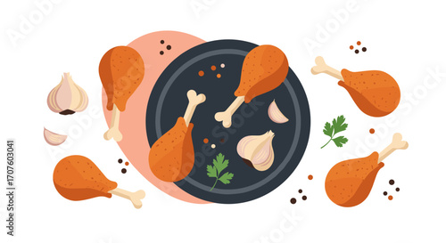 Delicious golden brown fried chicken drumsticks with garlic and herbs on a plate.