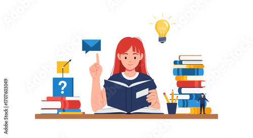 A young woman is studying books and she has a bright idea.
