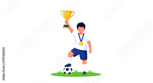 Young athlete celebrates victory holding a golden trophy and medal after a successful soccer match.
