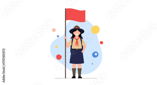 A young scout stands proudly holding a red flag with a determined smile on her face.