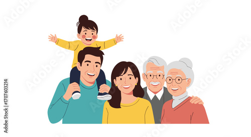 A happy multi-generational family posing together for a smiling portrait.