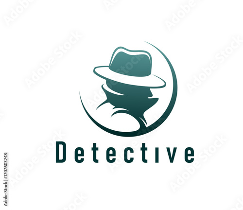 Private detective icon, crime police inspector, secret agent or spy. Vector emblem depicting mysterious silhouette in a fedora hat and trench coat, enclosed in a circular shape, symbolizes secrecy