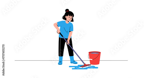 A person is mopping the floor with a red bucket and blue mop.