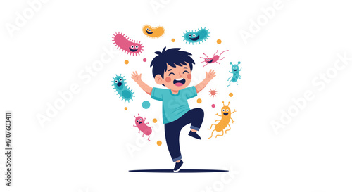 A happy child dances with friendly cartoon germs and microbes around him.