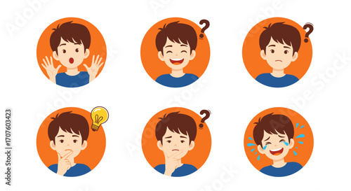 Collection of expressive cartoon boy faces showing various emotions and thought bubbles for communication.