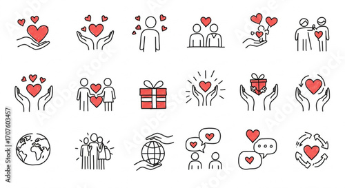 Illustration of set of icons representing love, care, and community