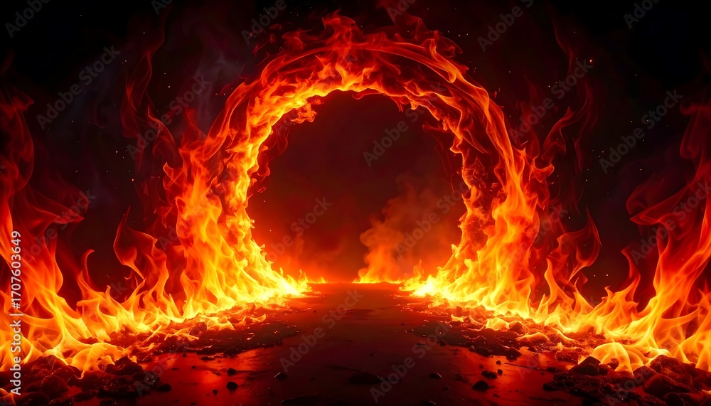 Fototapeta premium Fiery Portal: Intense Inferno Archway with Burning Flames and Glowing Embers.