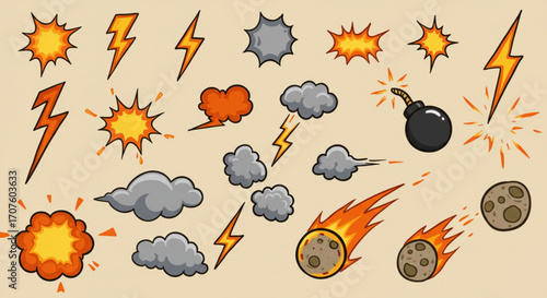 Illustration of cartoon comic explosion and weather elements collection
