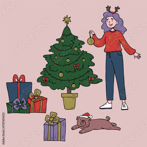 A woman in Christmas clothes decorates a Christmas tree