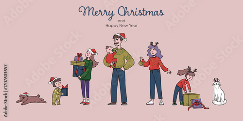 The family in Christmas sweaters and accessories. Good for patterns, cards and advent calendars