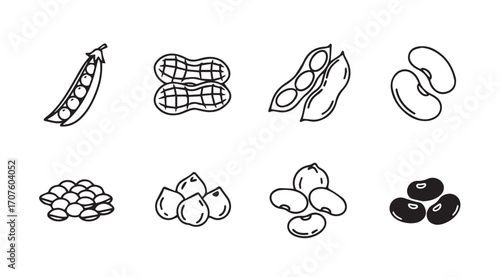 Collection of various bean and legume silhouettes in a simple line drawing style silhouette