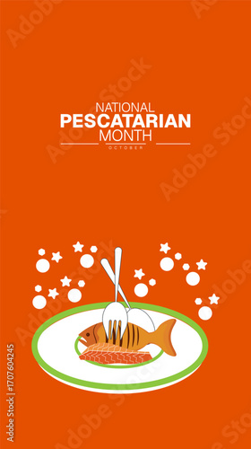 National Pescatarian Month Poster Banner and Background Abstract Design Template with Seafood and Healthy Food Illustration for Nutrition Awareness Cooking Festival and Culinary ,for mobile responsive