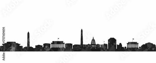 An impressive grayscale silhouette of the cityscape showing famous buildings.