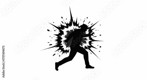 A silhouette of a running person surrounded by an explosion effect, symbolizing a powerful action or moment.