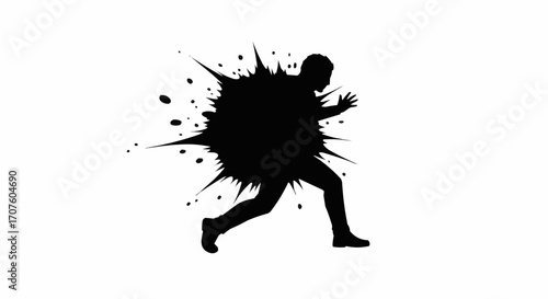 A silhouette of a person emerging from an abstract ink explosion, representing action and dynamism. 