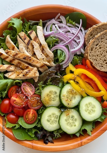 A vibrant, healthy salad bowl filled with grilled chicken, mixed greens, colorful vegetables, and a light vinaigrette dressing.