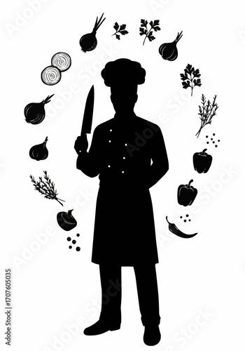 A culinary masterpiece: a chef holding a knife, surrounded by fresh ingredients. 