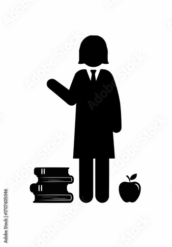 An educational silhouette of a teacher with a stack of books and an apple. 