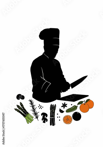 A chef in silhouette preparing a meal.