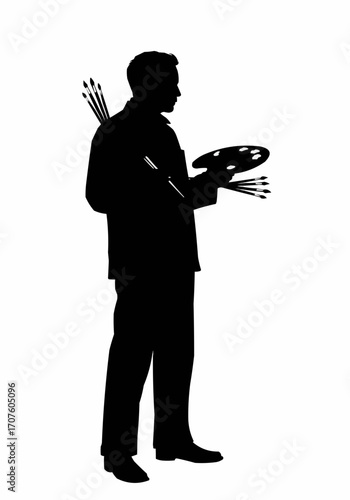 Silhouette of an artist holding brushes and a palette, ready to create.