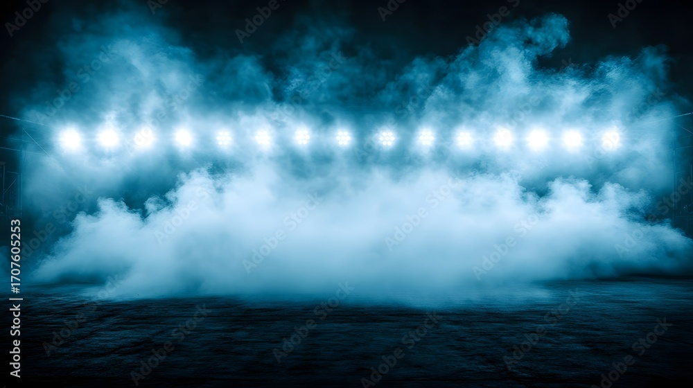 Fototapeta premium Stadium lights and smoke against dark sky.