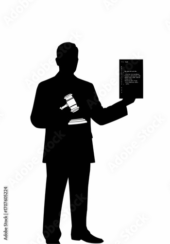 Silhouette of an auctioneer holding a gavel and document.