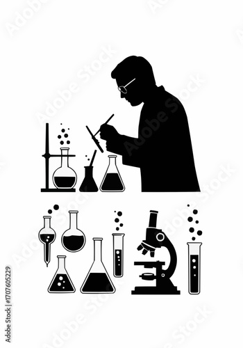 A silhouette of a scientist conducting experiments in a laboratory.