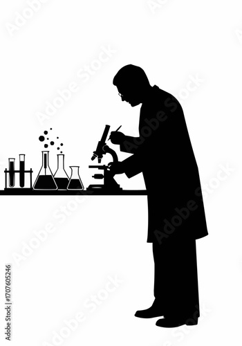A silhouette of a scientist working in a laboratory, examining samples under a microscope. 